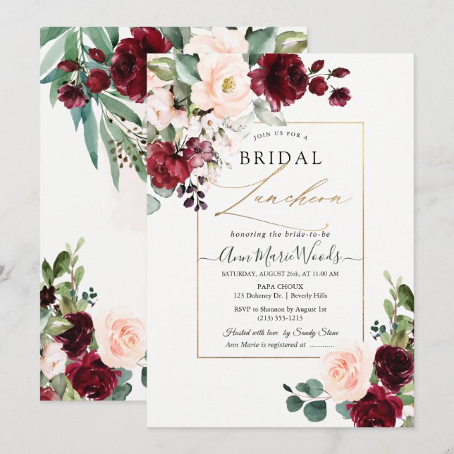 PixDezines H2 Burgundy Blush Bridal Luncheon Einladung (Vorne/Hinten)