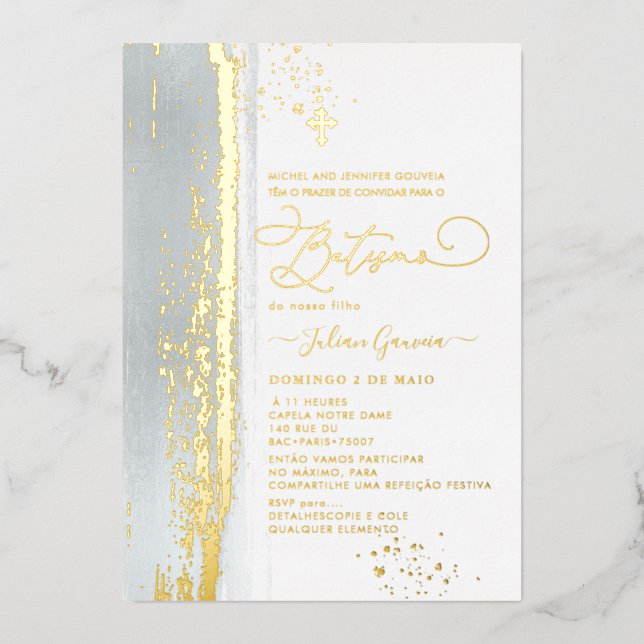 PixDezines H2 Dusty Blue Batismo Real Gold Foil I Folieneinladung (Vorderseite)