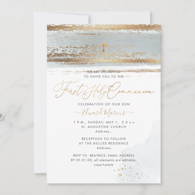 PixDezines H2 Dusty Blue First Heilige Kommunion Einladung (Vorderseite)