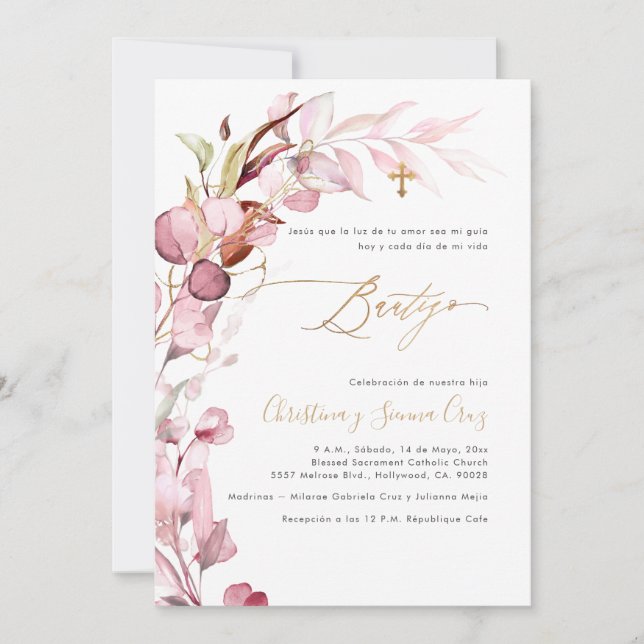 PixDezines H2 Dusty Blush Gum Eucalyptus Bautizo Einladung (Vorderseite)