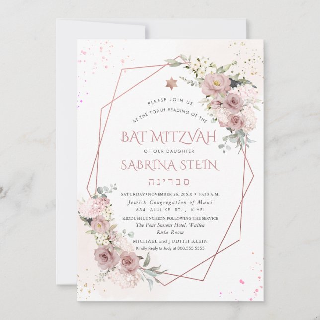 PixDezines H2 Dusty Rose Bat Mitzvah Einladung (Vorderseite)
