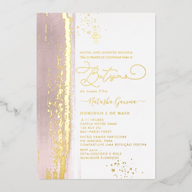 PixDezines H2 Dusty Rose Batismo Real Goldmedaille Folieneinladung (Vorderseite)