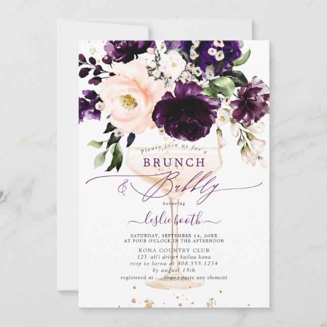 PixDezines H2 Eggplant Peonies Rose BrunchBubbly Einladung (Vorderseite)