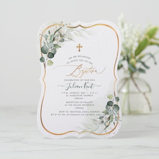 PixDezines H2 Eukalyptus Taufe Einladung (Stehend Vorderseite)