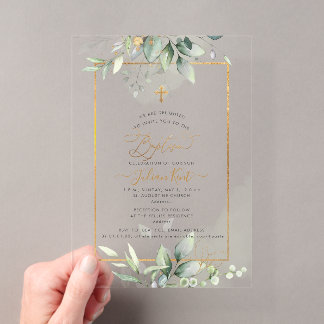 PixDezines H2 Green Gold Eucalyptus Baptism Acryleinladungen