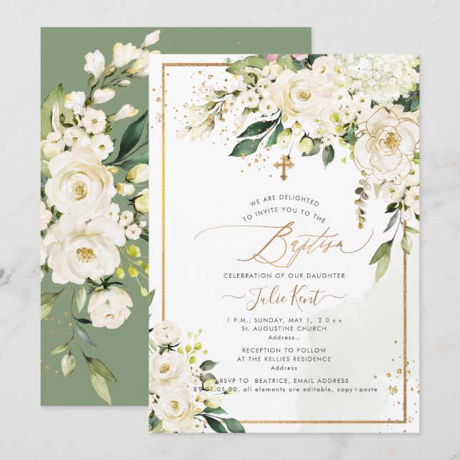 PixDezines H2 Hydrangeas Creme Rose Taufe Einladung (Vorne/Hinten)