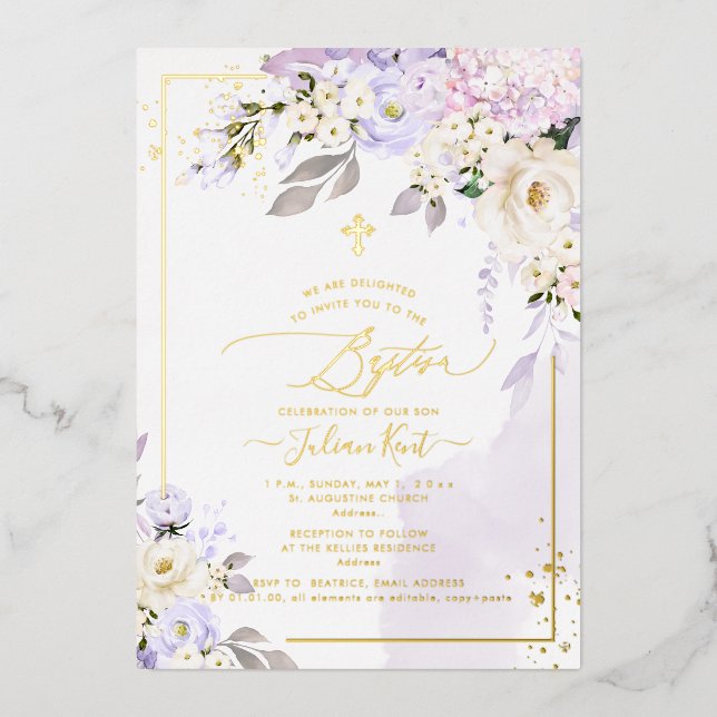 PixDezines H2 Hydrangeas Creme Rose Taufen Foil Folieneinladung (Vorderseite)