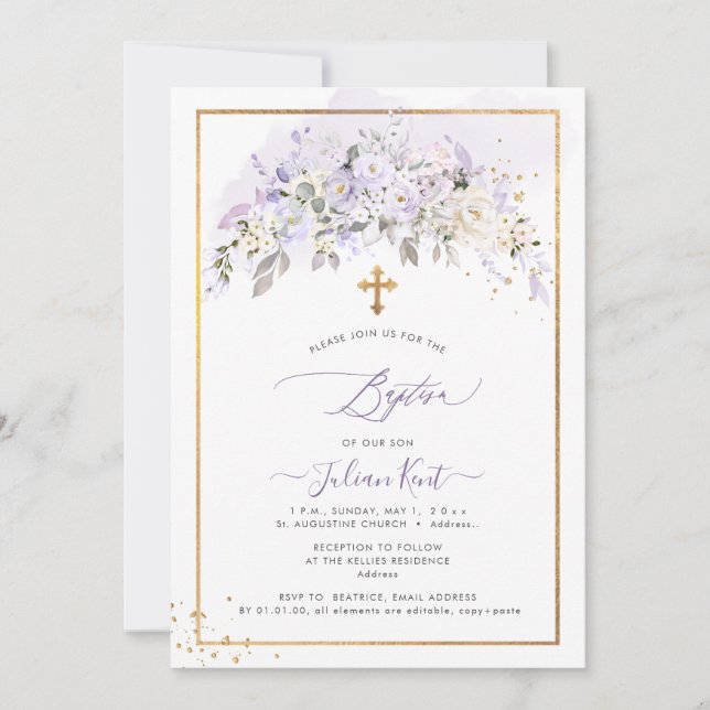 PixDezines H2 Lilac Purple Flowers Taufe Einladung (Vorderseite)