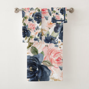 PixDezines H2 Navy Blau Blush Rosa Rosen Badhandtuch Set