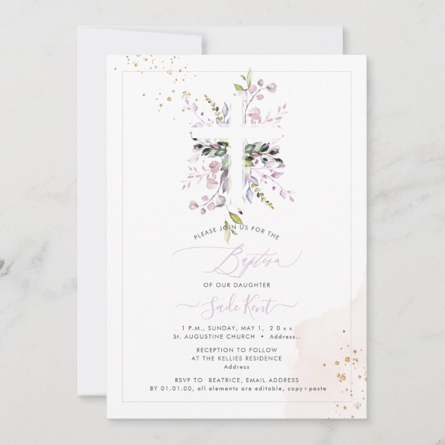 PixDezines H2 Pink Eucalyptus Baptism Invitation (Devant)
