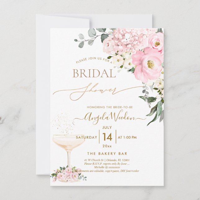 PixDezines H2 Pink Hydrangea Rose Brautparty Einladung (Vorderseite)