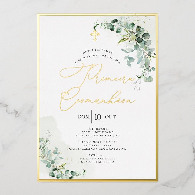 PixDezines H2 Rustikale Eukalyptus Primeira Comunh Folieneinladung (Vorderseite)