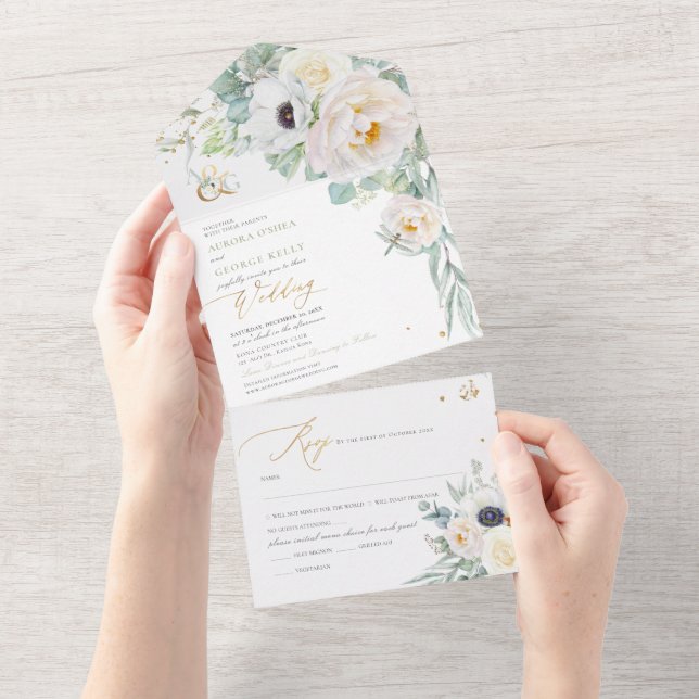 PixDezines H2 White Peonies Anemone All In One Einladung (Abreißen)