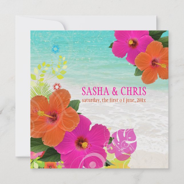 PixDezines heißen Pink+orange Hibiskus+Monstera Einladung (Vorderseite)