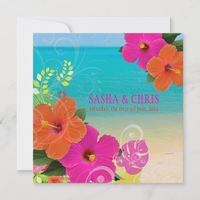 PixDezines heißen rosa+orange Hibiskus+monstera Einladung (Vorderseite)