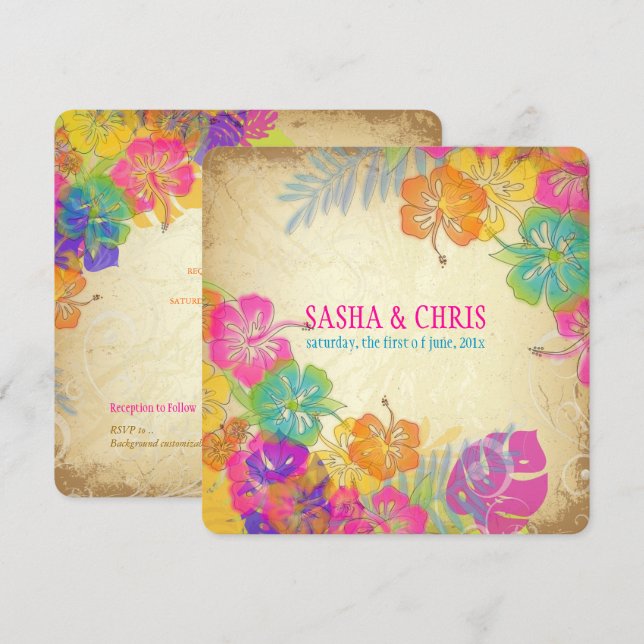 PixDezines heißen rosa+orange Hibiskus+monstera Einladung (Vorne/Hinten)
