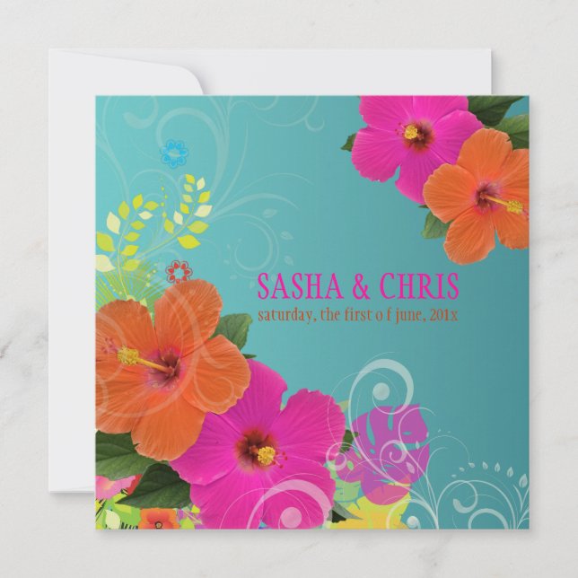 PixDezines heißen rosa+orange Hibiskus+monstera Einladung (Vorderseite)