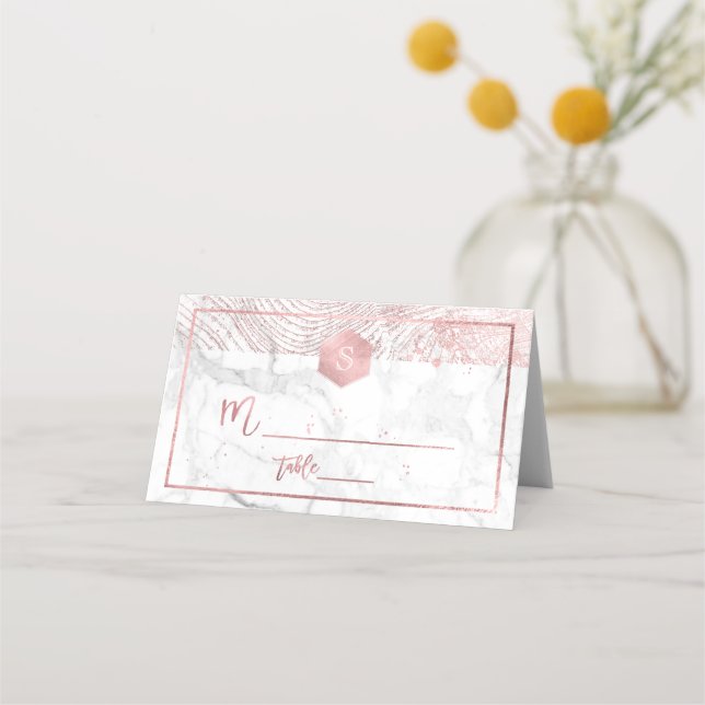 PixDezines Imitate Rose Goldene Ringe+Marmor Platzkarte (Vorderseite)