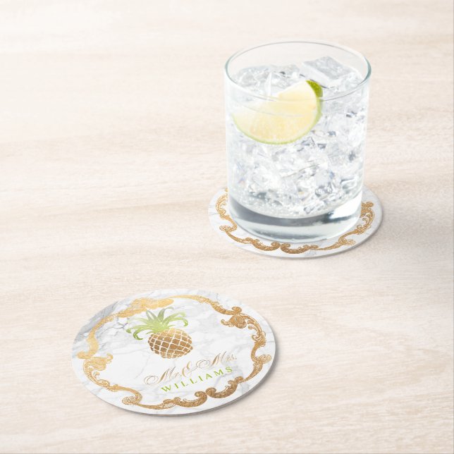 PixDezines Imitats Ananas+Weißer Marmor Runder Pappuntersetzer (Vor Ort)