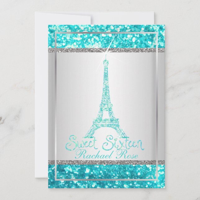 PixDezines Imitats Glitzer eifflel/aqua blau/süß 1 Einladung (Vorderseite)