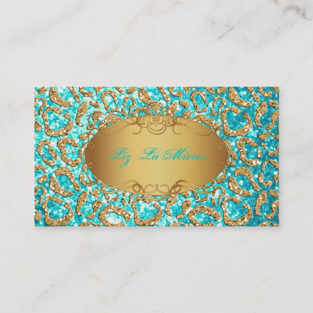 PixDezines Imitats Glitzer Jaguar/aquamarin+gold Visitenkarte (Vorderseite)
