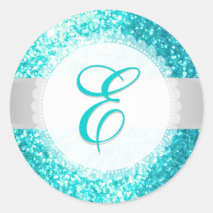 PixDezines IMITATS GLITZER MONOGRAM AQUA BLUE Runder Aufkleber
