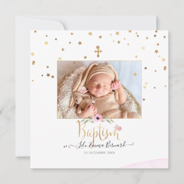 PixDezines Imitats Gold Stars Taufe Einladung (Vorderseite)