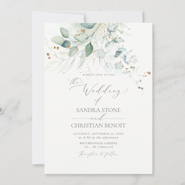 PixDezines Imitats Goldfarben Eukalyptus Hochzeit Einladung (Vorderseite)