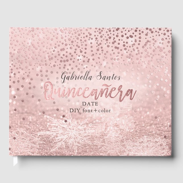 PixDezines IMITATS ROSE GOLD CONFETTI+SNOW BOKEH Gästebuch (Vorderseite)