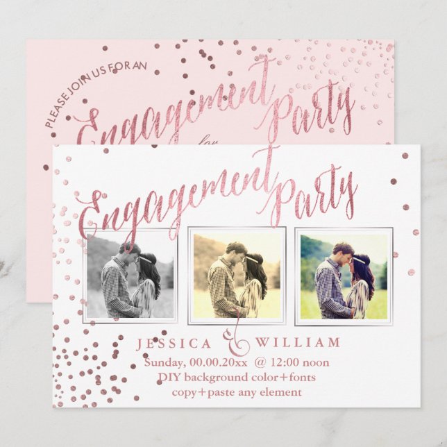 PixDezines Imitats Rose Gold Confetti Verlobung Te Einladung (Vorne/Hinten)