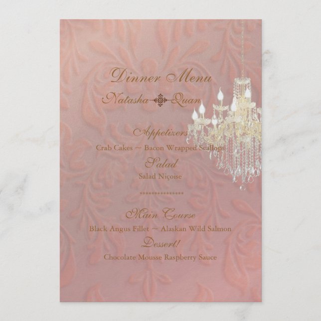PixDezines Kronier + Damask/rosa Champagner Menükarte (Vorderseite)