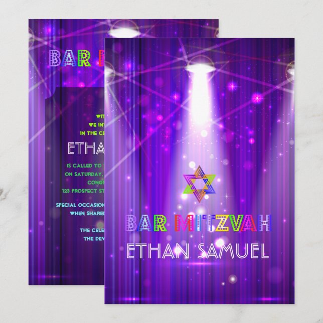 PixDezines Laser/Neonlichter Bar mitzvah Einladung (Vorne/Hinten)