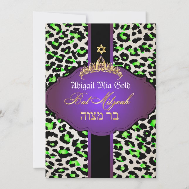 PixDezines Leopard+tiara/Fledermaus-Mitzvah Einladung (Vorderseite)