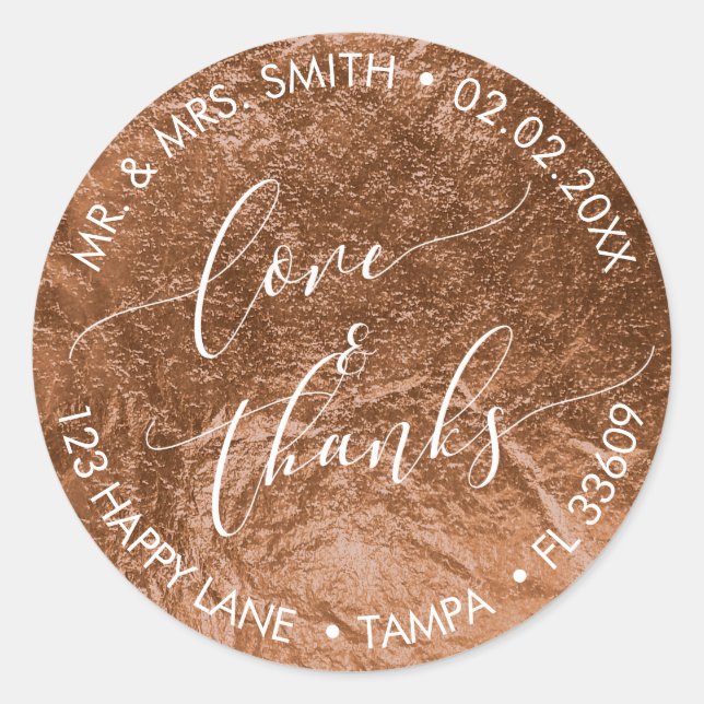 PixDezines LIEBE+DANKS IMITATS FOIL, COPPER Runder Aufkleber (Vorderseite)