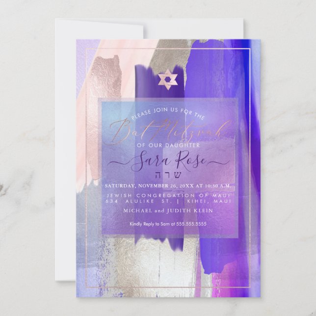 PixDezines Lila Swatte Bat Mitzvah Einladung (Vorderseite)