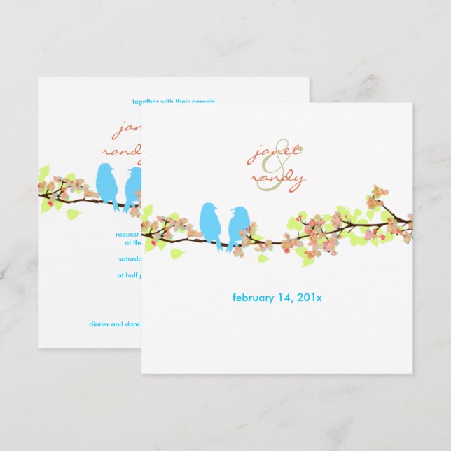 PixDezines LOVE BIRDS/BLAU/DICKE HINTERGRUND Einladung (Vorne/Hinten)