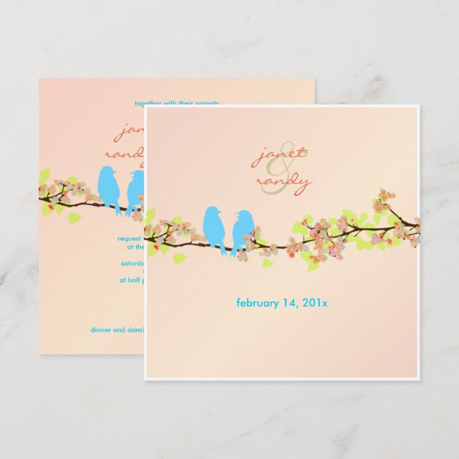 PixDezines LOVE BIRDS/BLAU/DICKE HINTERGRUND Einladung (Vorne/Hinten)