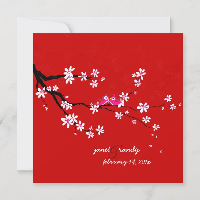 PixDezines Love birds/red cherry/sakura blüht Einladung (Vorderseite)