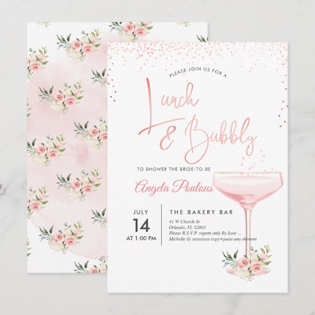 PixDezines Lunch Bubbly/Pink Champagne Glass Einladung (Vorne/Hinten)