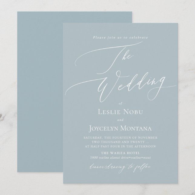 PixDezines Luxe Calligraphy Dusty Blue Wedding Einladung (Vorne/Hinten)