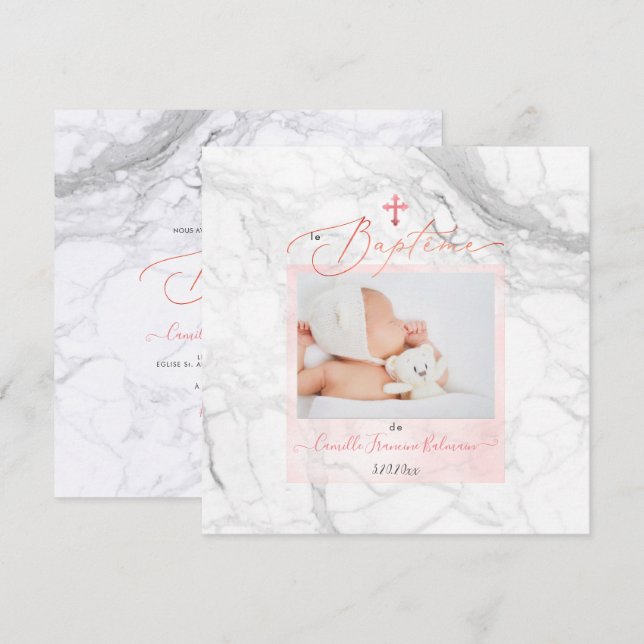 PixDezines Marbre Blanc, Baptême Fille Einladung (Vorne/Hinten)