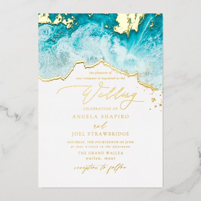 PixDezines Marine Waves Shoreline Beach Hochzeit Folieneinladung (Vorderseite)