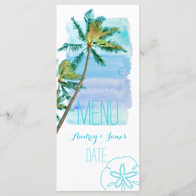 PixDezines Menü "Watercolor Beach/Palm Trees" Menükarte (Vorderseite)