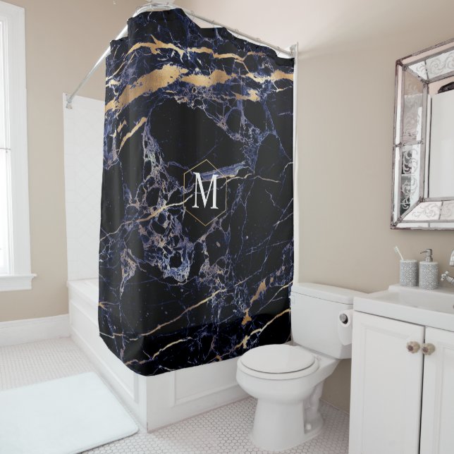 PixDezines MIDNIGHT BLU MARBLE+MONOGRAM Duschvorhang (Beispiel)