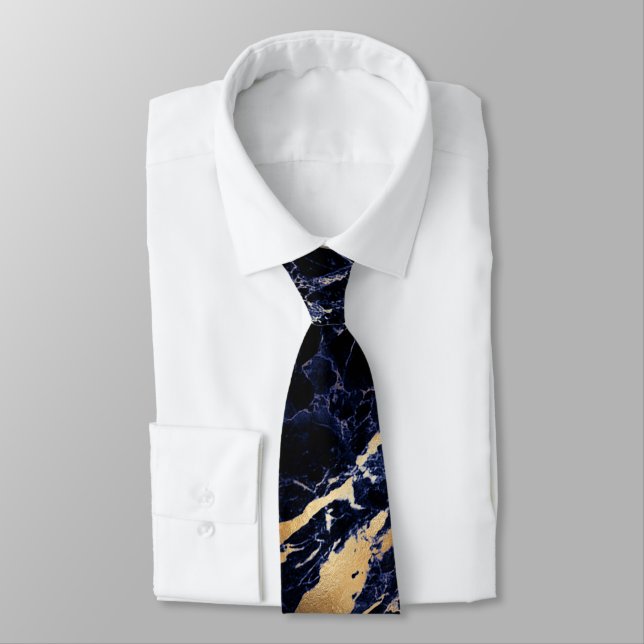 PixDezines Midnight Blue Marble Slab+Gold Veins Krawatte (Gebunden)