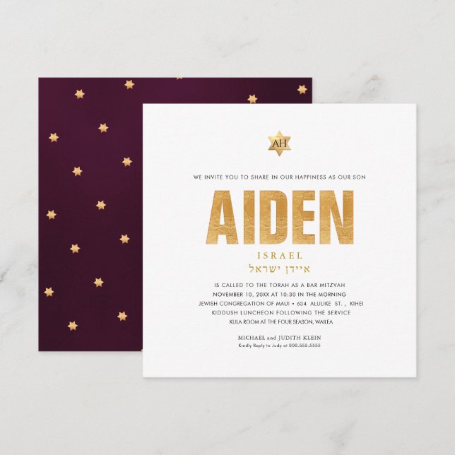 PixDezines Minimalistische DIY-IMITAT GOLD Mitzvah Einladung (Vorne/Hinten)