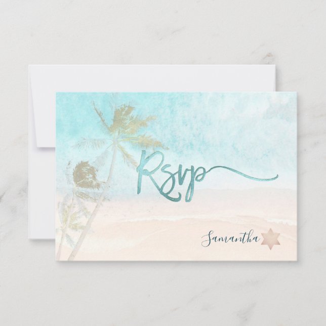PixDezines Mitzvah UAWG Breezy Beach Palmen RSVP Karte (Vorderseite)