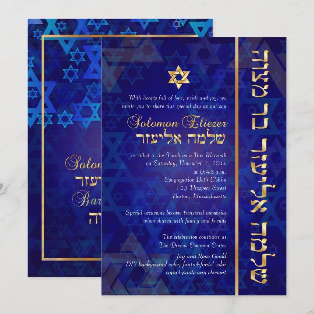 PixDezines Mod/Bar Mitzvah/Navy Blue/Gold Einladung (Vorne/Hinten)