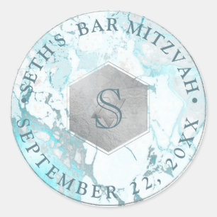 PixDezines Monogram Blue Marble Honeycomb Mitzvah Runder Aufkleber