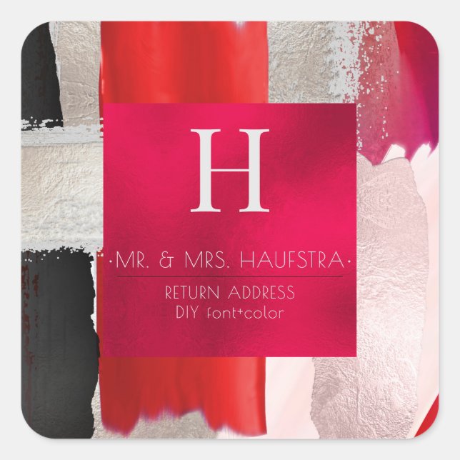 PixDezines Monogram, Blush+Silver+Roter Farbblock Quadratischer Aufkleber (Vorderseite)